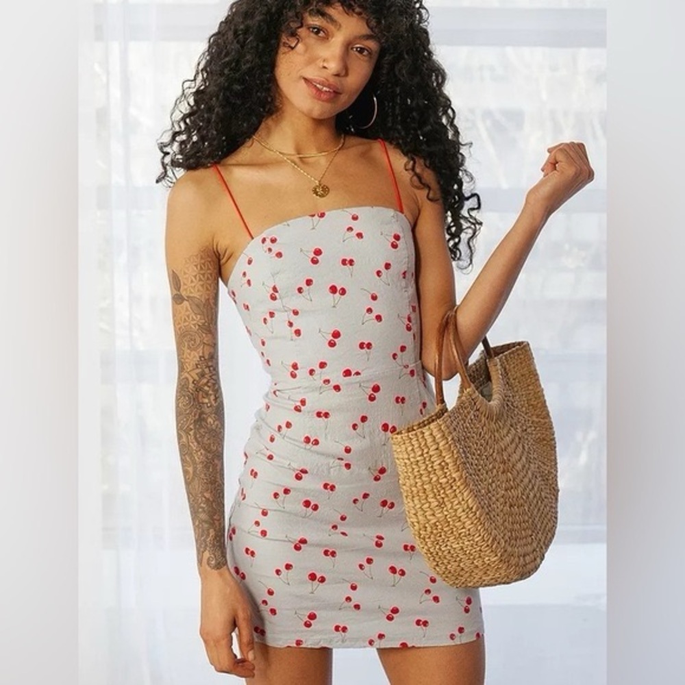 Urban Outfitters Colette cherry print stretch linen mini dress Size 4